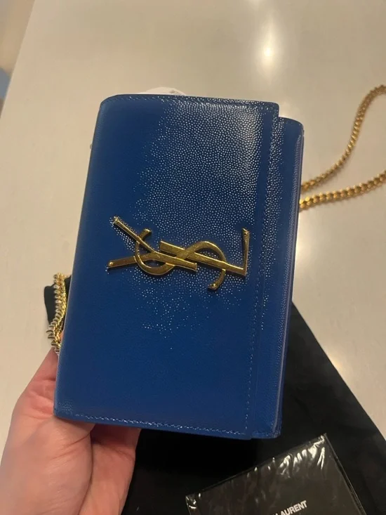 Saint Laurent YSL Bleu Majorelle Blue Patent Leather Monogram Chain Bag Clutch - Picture 2 of 9